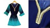 Vestido Estampado Azul/Azul Piscina com Bordado de Pedrarias